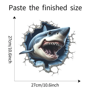 Detail view of 3D shark wall sticker showing the finished 27cm size for bathroom decor