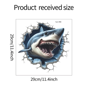 Shark 3D wall sticker with broken wall effect, 29x29cm square waterproof bathroom decal