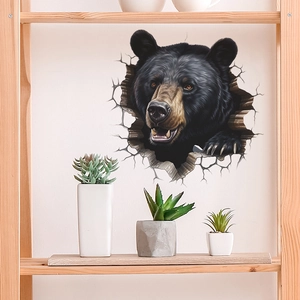3D realistic black bear wall sticker with creative broken wall effect for kid bedroom