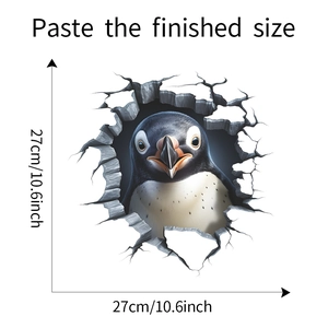 Detailed 3D penguin head wall sticker with realistic wall crack effect, 27cm size