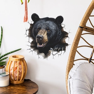 3D realistic black bear wall decal for kids bedroom with creative hole-out visual effect
