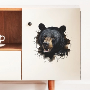 3D realistic black bear wall sticker with broken hole effect for modern room decoration