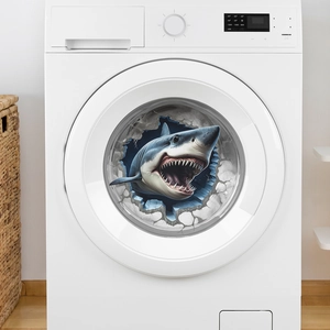 3D shark sticker on a washing machine door with realistic teeth and broken wall effect