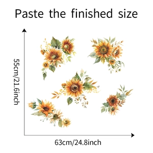 Detailed dimension guide for watercolor sunflower wall stickers showing 63cm width coverage