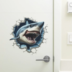 3D shark wall sticker for bathroom decor with realistic cracked hole and sharp teeth