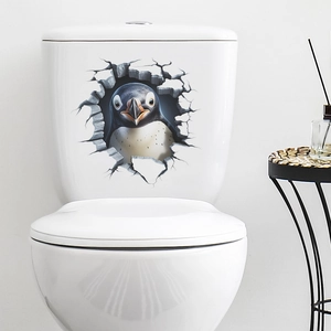 Macro detail of a 3D penguin wall sticker emerging from a realistic broken hole