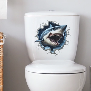 Creative 3D shark bathroom wall sticker with realistic wall crack effect for toilet decor
