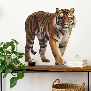 Detail of 3D realistic tiger wall decal applied on white wall in modern living room setting