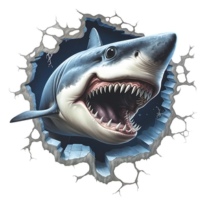 3D shark cartoon wall sticker showing a great white shark breaking through bathroom wall