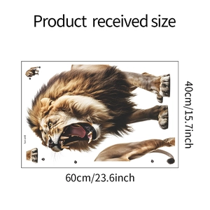Macro detail of 3D lion wall sticker showing dimensions 60x40cm and assembly parts