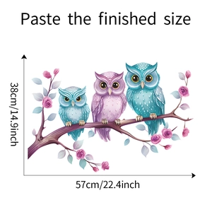 Detaillierte Größentabelle für Eulen-Wandtattoo mit den Maßen 57cm x 38cm in Pastelltönen