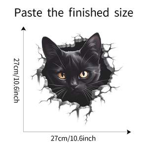 Detailed view of 3D black cat wall sticker showing 27x27cm dimensions on white background