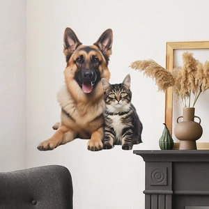 Cute Cartoon Cat And Dog Wall Sticker Removable PVC Decal For Kids Room Living Room Bedroom Home Decor Animal Pattern Decor