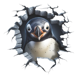 Creative 3D penguin wall sticker with realistic broken hole effect for home decoration