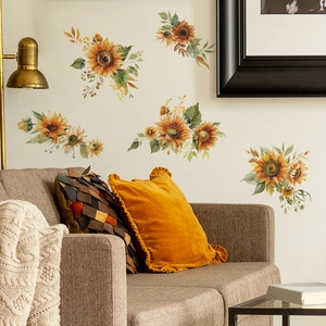 Watercolor sunflower wall stickers for bedroom with vibrant yellow petals and green leaves