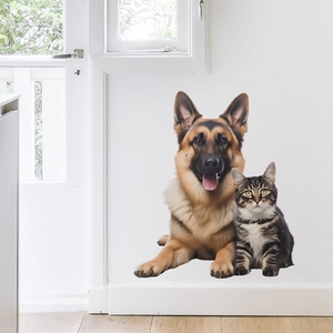 Cute realistic German Shepherd and tabby cat wall stickers for cozy home wall decoration
