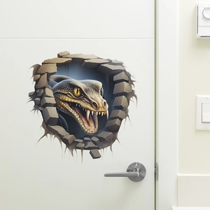 Sticker mural 3D représentant un serpent réaliste traversant une porte de chambre