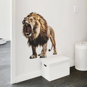 Macro detail of realistic 3D roaring lion wall sticker on a minimalist white living room wall