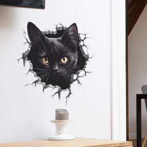 3D realistic black cat wall sticker popping out of broken white wall for home decor