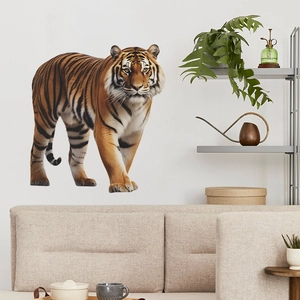 3D realistic tiger wall sticker in a modern living room setting with a beige fabric sofa
