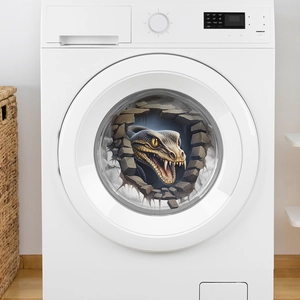 Détail d'un autocollant 3D serpent brisant un mur posé sur une porte de lave-linge