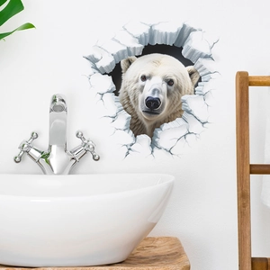 3D realistic polar bear wall sticker showing a broken wall effect for bathroom decoration