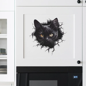 Realistic 3D black cat breaking through wall sticker for home decor on white cabinet