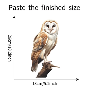 Detailed view of the barn owl window decal with precise dimensions in inches and centimeters