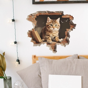 3D realistic wall sticker featuring a tabby cat peering through a broken brick wall