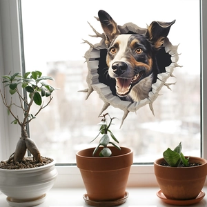 3D realistic shepherd dog window sticker with broken wall visual effect for home decoration
