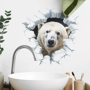 3D polar bear wall sticker for bathroom decor popping out from a realistic broken ice hole