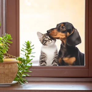 Cute cartoon cat and dog window decal on glass with a warm home indoor background