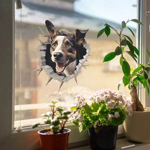 3D border collie peek dog hole window decal with realistic broken wall design