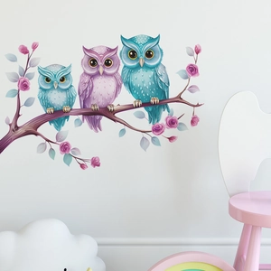 Wandtattoo Eulen auf Ast mit rosa Blumen für Kinderzimmer Wanddekoration aus PVC