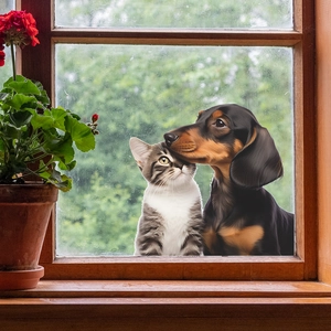 Realistic cat and dachshund static window decal for home glass decoration and pet lover gift