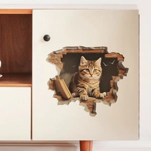 Detailed 3D wall sticker showing a cute ginger cat peeking from a broken red brick wall