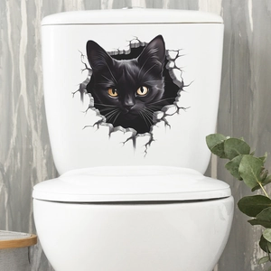 3D broken wall black cat decal for toilet and wall decoration with yellow eyes