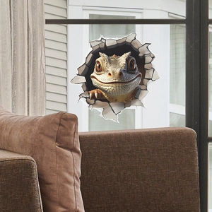 Detail showing 3D cracked wall effect sticker with cute lizard on glass window surface