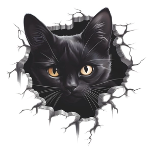 3D realistic wall sticker featuring a black cat peeking through a cracked wall hole