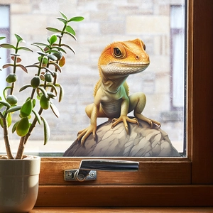Realistic 3D orange lizard window decal on glass with sunlight for home decoration
