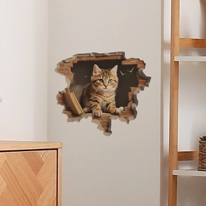 Macro detail of 3D cracked wall sticker with a cute brown tabby cat peeking through bricks