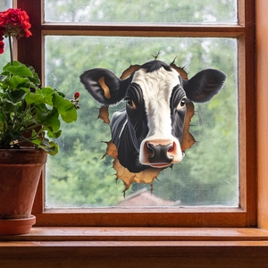 3D realistic cow head window sticker with creative broken wall effect on wooden frame
