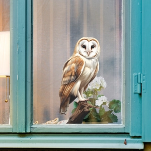 Barn owl window decal sticker for home decoration on a blue rustic wood window frame