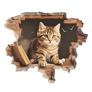 3D cute tabby cat peeking through broken brick wall sticker for living room decoration