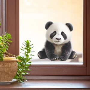 Realistic cartoon giant panda window sticker for home decor with 3D fur texture and cute pose