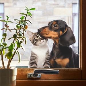 Detailed realistic pet window decal featuring a gray tabby cat and a brown dachshund dog