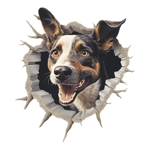 3D border collie dog broken hole wall decal, realistic animal sticker for window or home decor