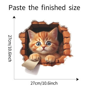 3D cartoon orange cat breaking through red brick wall sticker detail with size markings