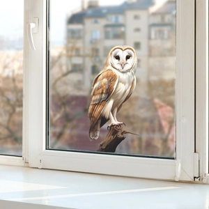 Realistic barn owl window decal perched on a branch for home glass decoration