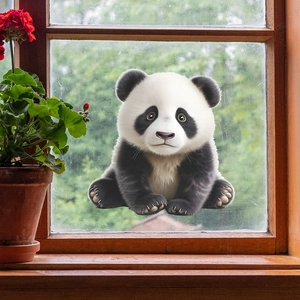 Detailed realistic 3D panda window sticker shown on glass with a red geranium flowerpot